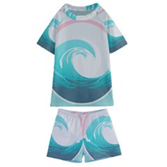 Waves Tidal Ocean Sea Tsunami Wave Minimalist Kids  Swim Tee and Shorts Set