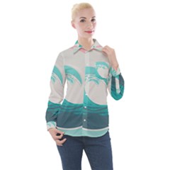 Waves Tidal Ocean Sea Tsunami Wave Minimalist Women s Long Sleeve Pocket Shirt