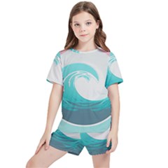 Waves Tidal Ocean Sea Tsunami Wave Minimalist Kids  Tee And Sports Shorts Set