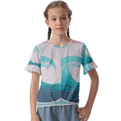 Waves Tidal Ocean Sea Tsunami Wave Minimalist Kids  Cuff Sleeve Scrunch Bottom Tee