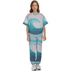 Waves Tidal Ocean Sea Tsunami Wave Minimalist Kids  Tee and Pants Sports Set