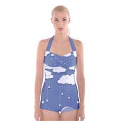 Blue Clouds Rain Raindrops Weather Sky Raining Boyleg Halter Swimsuit  by Wav3s