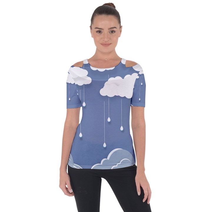 Blue Clouds Rain Raindrops Weather Sky Raining Shoulder Cut Out Short Sleeve Top