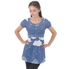 Blue Clouds Rain Raindrops Weather Sky Raining Puff Sleeve Tunic Top by Wav3s