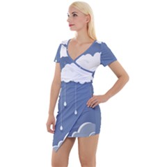 Blue Clouds Rain Raindrops Weather Sky Raining Short Sleeve Asymmetric Mini Dress by Wav3s