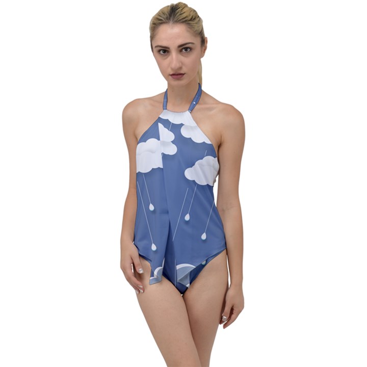 Blue Clouds Rain Raindrops Weather Sky Raining Go with the Flow One Piece Swimsuit