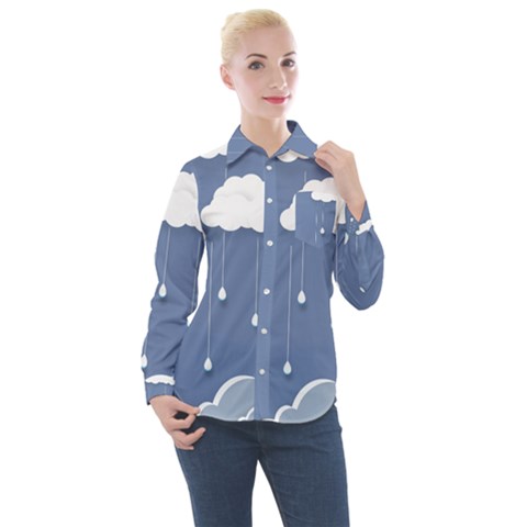 Blue Clouds Rain Raindrops Weather Sky Raining Women s Long Sleeve Pocket Shirt by Wav3s