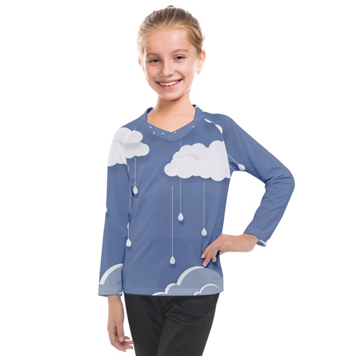 Blue Clouds Rain Raindrops Weather Sky Raining Kids  Long Mesh Tee