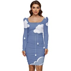 Blue Clouds Rain Raindrops Weather Sky Raining Women Long Sleeve Ruched Stretch Jersey Dress by Wav3s