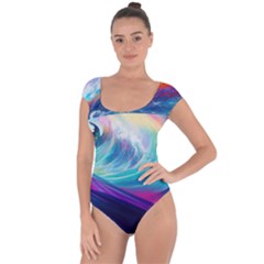 Wave Ocean Sea Tsunami Nautical Nature Water Short Sleeve Leotard  by Wav3s