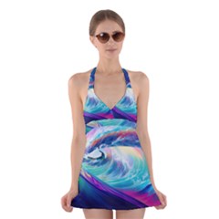 Wave Ocean Sea Tsunami Nautical Nature Water Halter Dress Swimsuit  by Wav3s