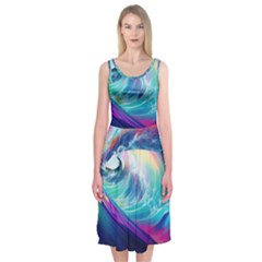 Wave Ocean Sea Tsunami Nautical Nature Water Midi Sleeveless Dress by Wav3s