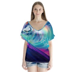 Wave Ocean Sea Tsunami Nautical Nature Water V-neck Flutter Sleeve Top by Wav3s