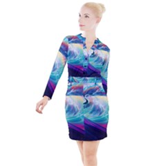 Wave Ocean Sea Tsunami Nautical Nature Water Button Long Sleeve Dress by Wav3s