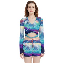 Wave Ocean Sea Tsunami Nautical Nature Water Velvet Wrap Crop Top And Shorts Set by Wav3s