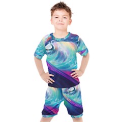 Wave Ocean Sea Tsunami Nautical Nature Water Kids  Tee And Shorts Set by Wav3s