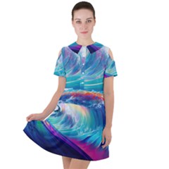 Wave Ocean Sea Tsunami Nautical Nature Water Short Sleeve Shoulder Cut Out Dress 