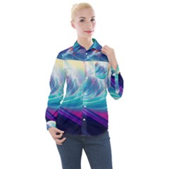 Wave Ocean Sea Tsunami Nautical Nature Water Women s Long Sleeve Pocket Shirt