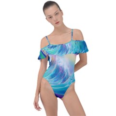 Wave Ocean Sea Tsunami Nautical Nature Water Frill Detail One Piece Swimsuit by Wav3s