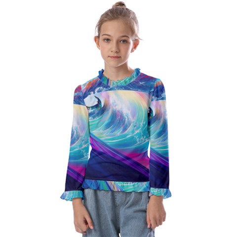 Wave Ocean Sea Tsunami Nautical Nature Water Kids  Frill Detail Tee by Wav3s