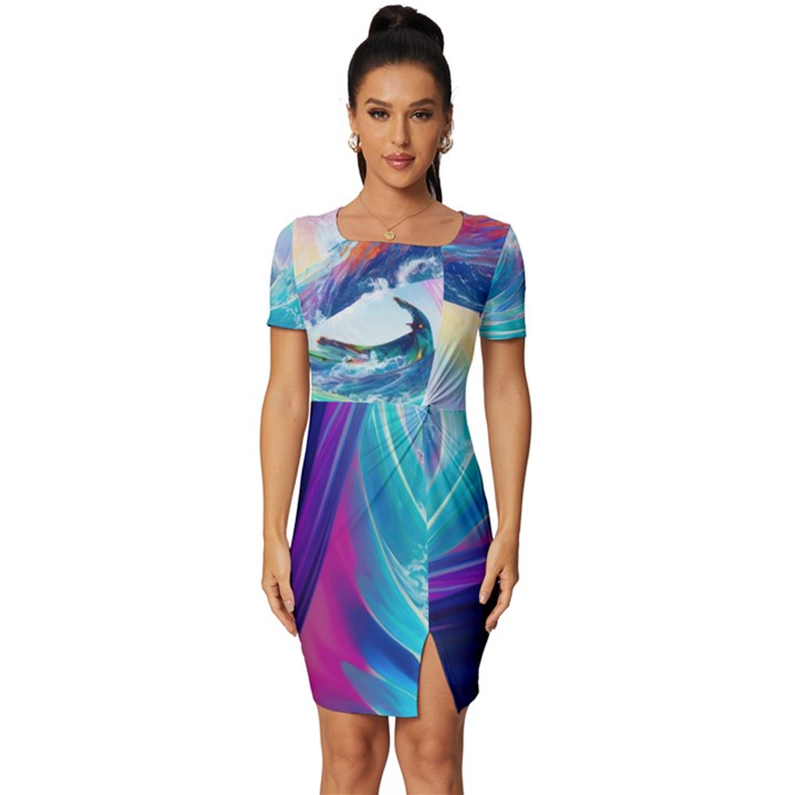 Wave Ocean Sea Tsunami Nautical Nature Water Fitted Knot Split End Bodycon Dress