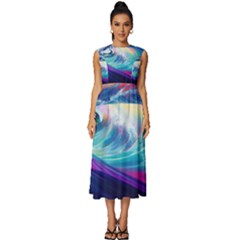 Wave Ocean Sea Tsunami Nautical Nature Water Sleeveless Round Neck Midi Dress by Wav3s