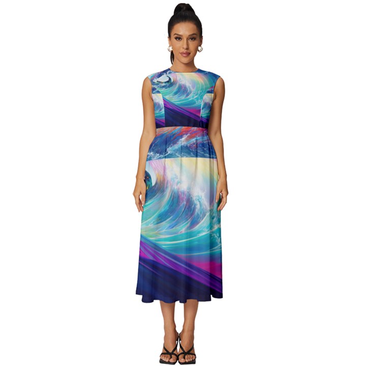 Wave Ocean Sea Tsunami Nautical Nature Water Sleeveless Round Neck Midi Dress