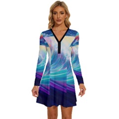 Wave Ocean Sea Tsunami Nautical Nature Water Long Sleeve Deep V Mini Dress 