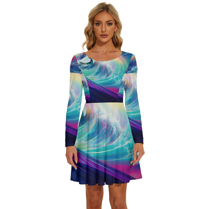 Wave Ocean Sea Tsunami Nautical Nature Water Long Sleeve Wide Neck Velvet Dress