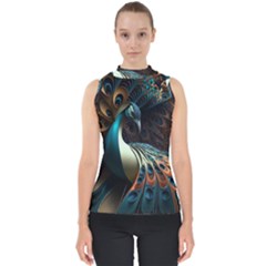 Peacock Bird Feathers Plumage Colorful Texture Abstract Mock Neck Shell Top