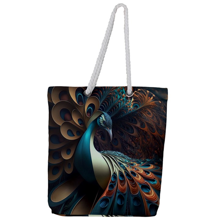 Peacock Bird Feathers plumage Colorful Texture Abstract Full Print Rope Handle Tote (Large)