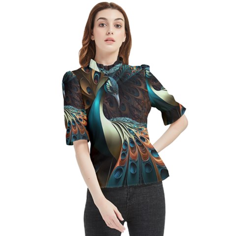 Peacock Bird Feathers Plumage Colorful Texture Abstract Frill Neck Blouse by Wav3s