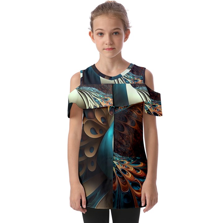 Peacock Bird Feathers plumage Colorful Texture Abstract Fold Over Open Sleeve Top