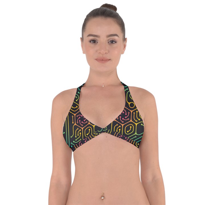 Circuit Hexagonal Geometric Pattern Background Pattern Halter Neck Bikini Top