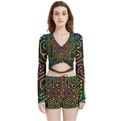 Circuit Hexagonal Geometric Pattern Background Pattern Velvet Wrap Crop Top And Shorts Set by Wav3s