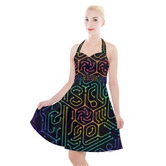 Circuit Hexagonal Geometric Pattern Background Pattern Halter Party Swing Dress 