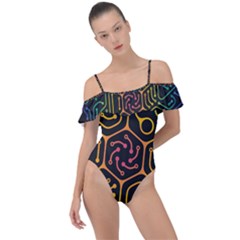 Circuit Hexagonal Geometric Pattern Background Pattern Frill Detail One Piece Swimsuit by Wav3s