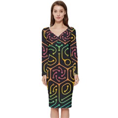 Circuit Hexagonal Geometric Pattern Background Pattern Long Sleeve V-neck Bodycon Dress  by Wav3s