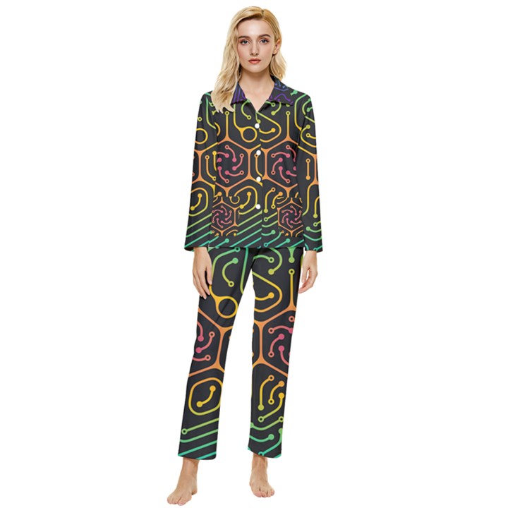 Circuit Hexagonal Geometric Pattern Background Pattern Womens  Long Sleeve Velvet Pocket Pajamas Set