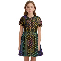 Circuit Hexagonal Geometric Pattern Background Pattern Kids  Bow Tie Puff Sleeve Dress by Wav3s