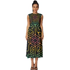 Circuit Hexagonal Geometric Pattern Background Pattern Sleeveless Round Neck Midi Dress by Wav3s