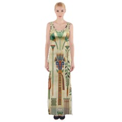 Egyptian Paper Papyrus Hieroglyphs Thigh Split Maxi Dress by Wav3s