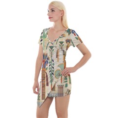 Egyptian Paper Papyrus Hieroglyphs Short Sleeve Asymmetric Mini Dress by Wav3s