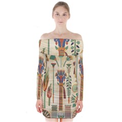 Egyptian Paper Papyrus Hieroglyphs Long Sleeve Off Shoulder Dress by Wav3s