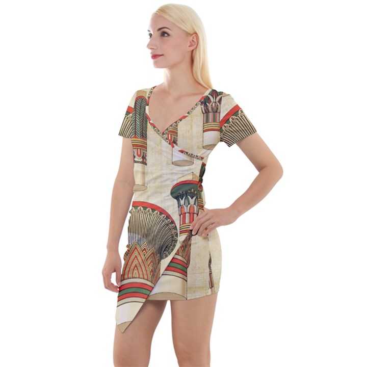 Egyptian architecture column Short Sleeve Asymmetric Mini Dress