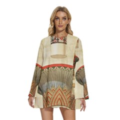 Egyptian Architecture Column Round Neck Long Sleeve Bohemian Style Chiffon Mini Dress by Wav3s