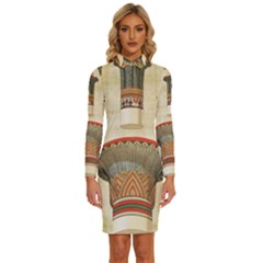 Egyptian Architecture Column Long Sleeve Shirt Collar Bodycon Dress