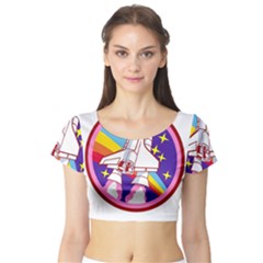 Badge-patch-pink-rainbow-rocket Short Sleeve Crop Top by Wav3s