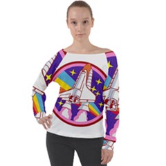 Badge-patch-pink-rainbow-rocket Off Shoulder Long Sleeve Velour Top by Wav3s