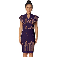 Skyscraper-town-urban-towers Vintage Frill Sleeve V-neck Bodycon Dress by Wav3s